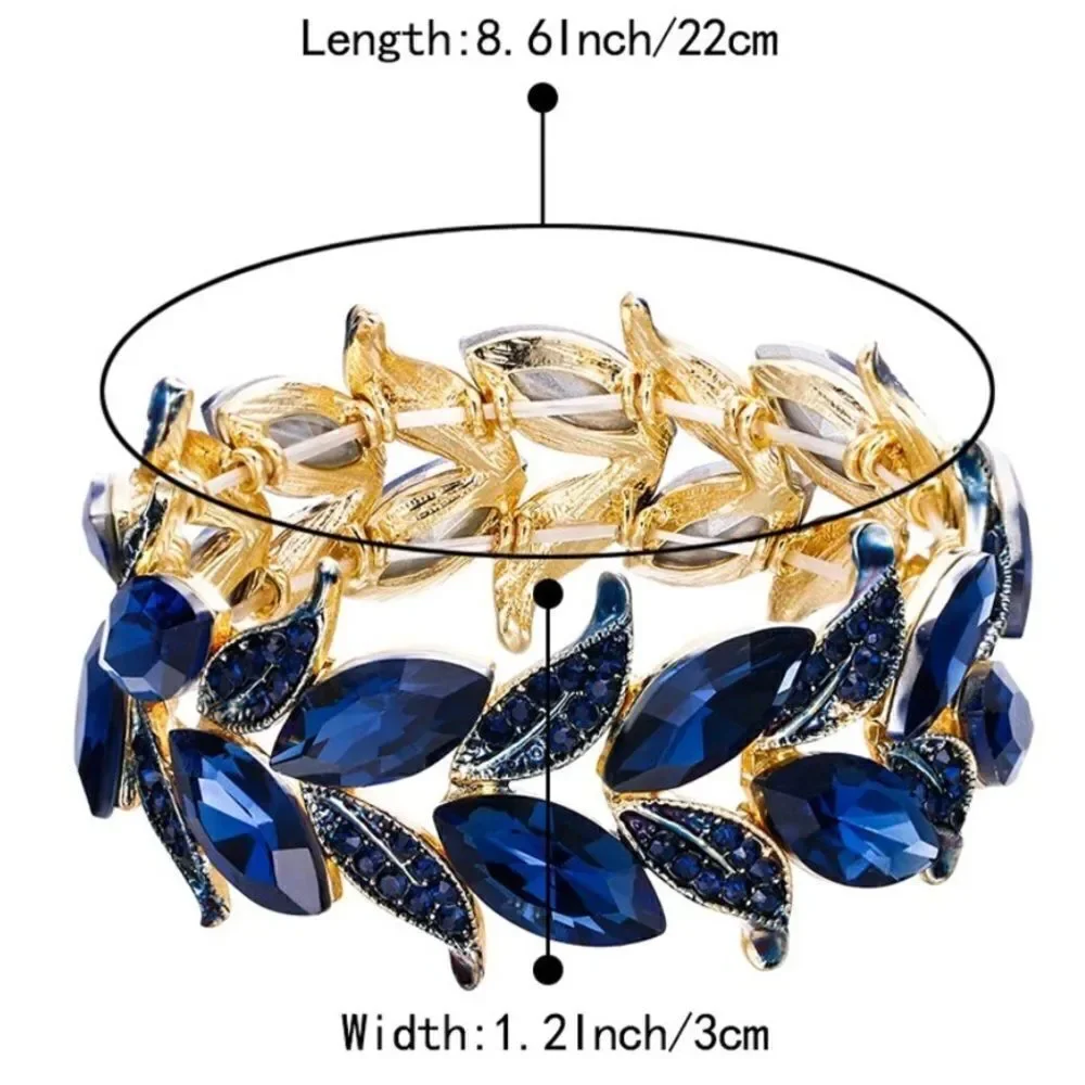 Yellow Gold and Blue Sapphire Austrian Crystal Leaf Stetchable Bracelet Bangle